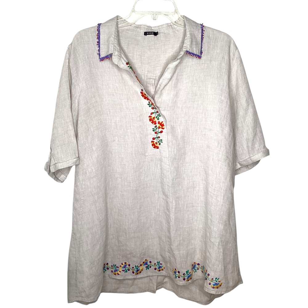 Vivid 100% Linen Embroidered Tunic Top Beige Beaded Women's‎ XL Boho Prairie EUC